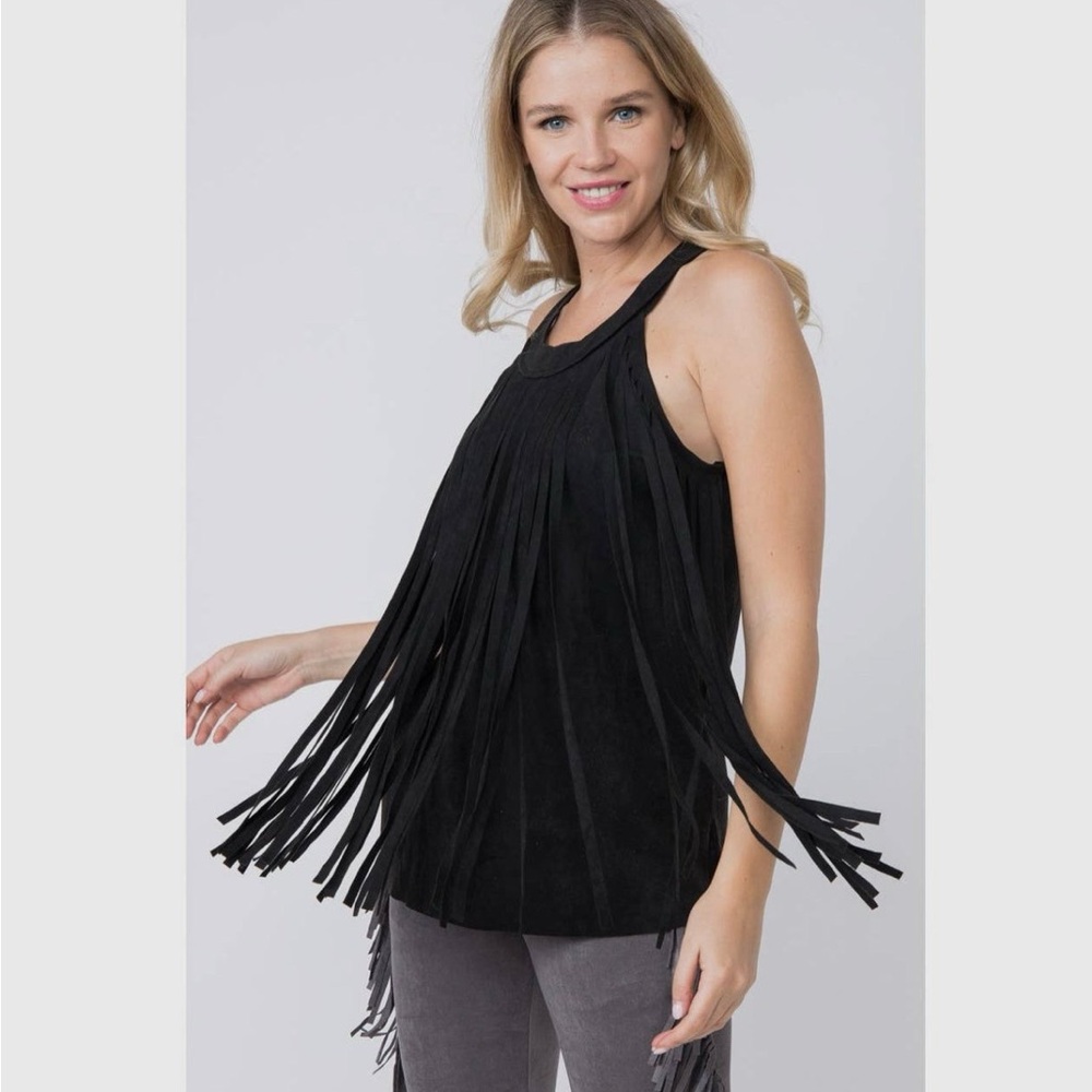 Black Fringe Faux Suede Sleeveless Top
